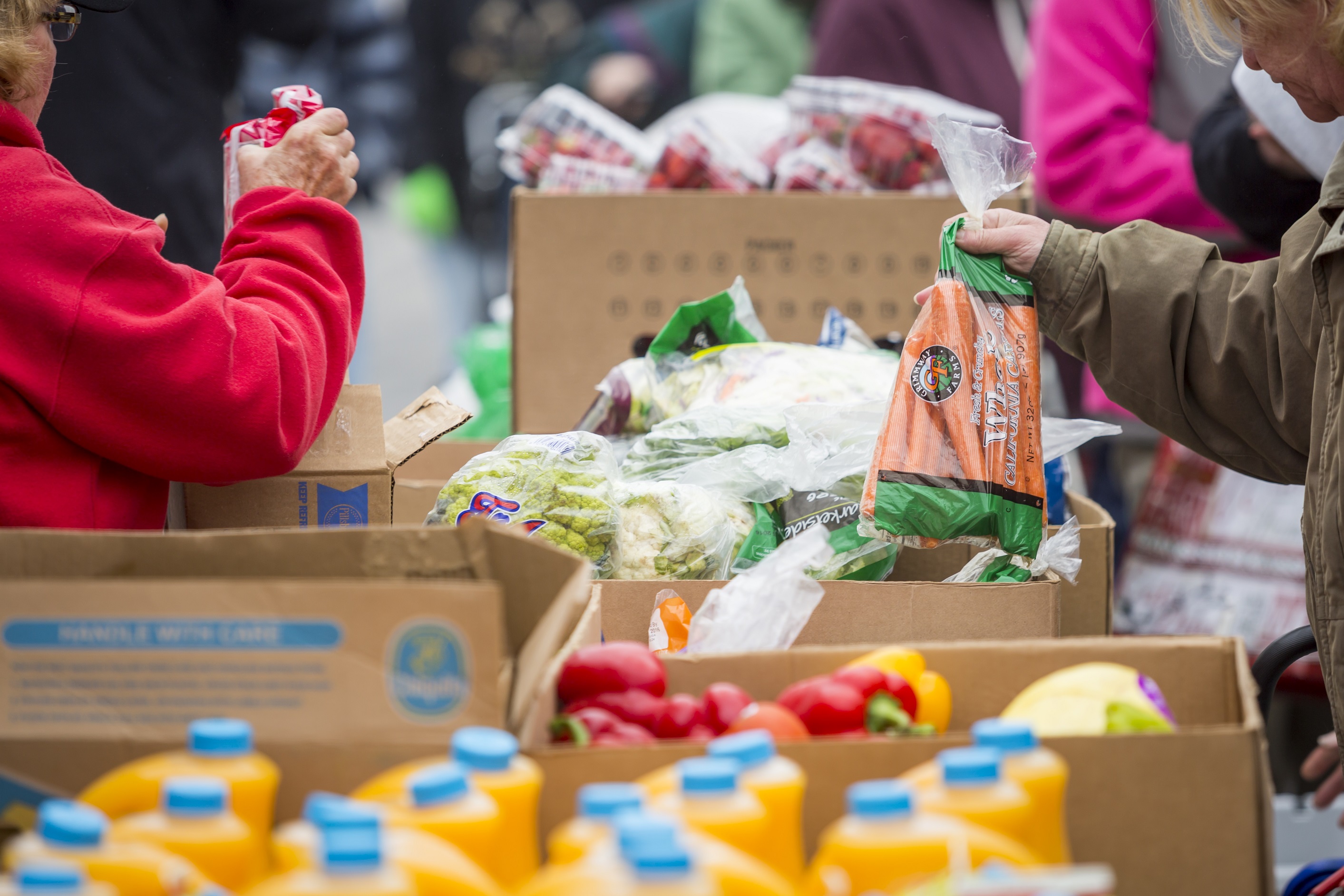 Clients receive food at a Mobile Pantry in April 2016. Credit: Feeding America West Michigan