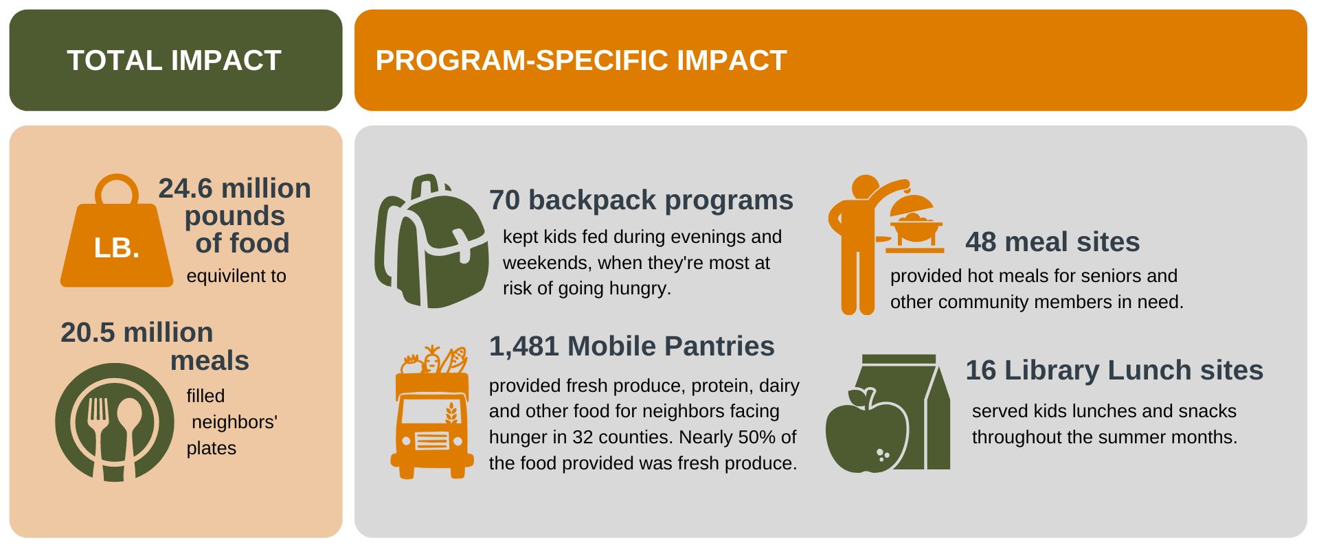 Total impact: 24.6 million pounds of food, equivalent to 20.5 million meals filled neighbors' plates. By program: 70 backpack programs kept kids fed during evenings and weekends when they are most at risk of going hungry. 1,481 mobile pantries provided fresh produce, protein, dairy and other food for neighbors facing hunger in 32 counties. Nearly 50% of the food provided was fresh produce. 48 meal sites provided hot meals for seniors and other community members in need. 16 library lunch sites served kids lunches and snacks throughout the summer months.