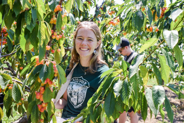 Abby LaLonde smiles at camera while standing next to cherry trees at an orchard