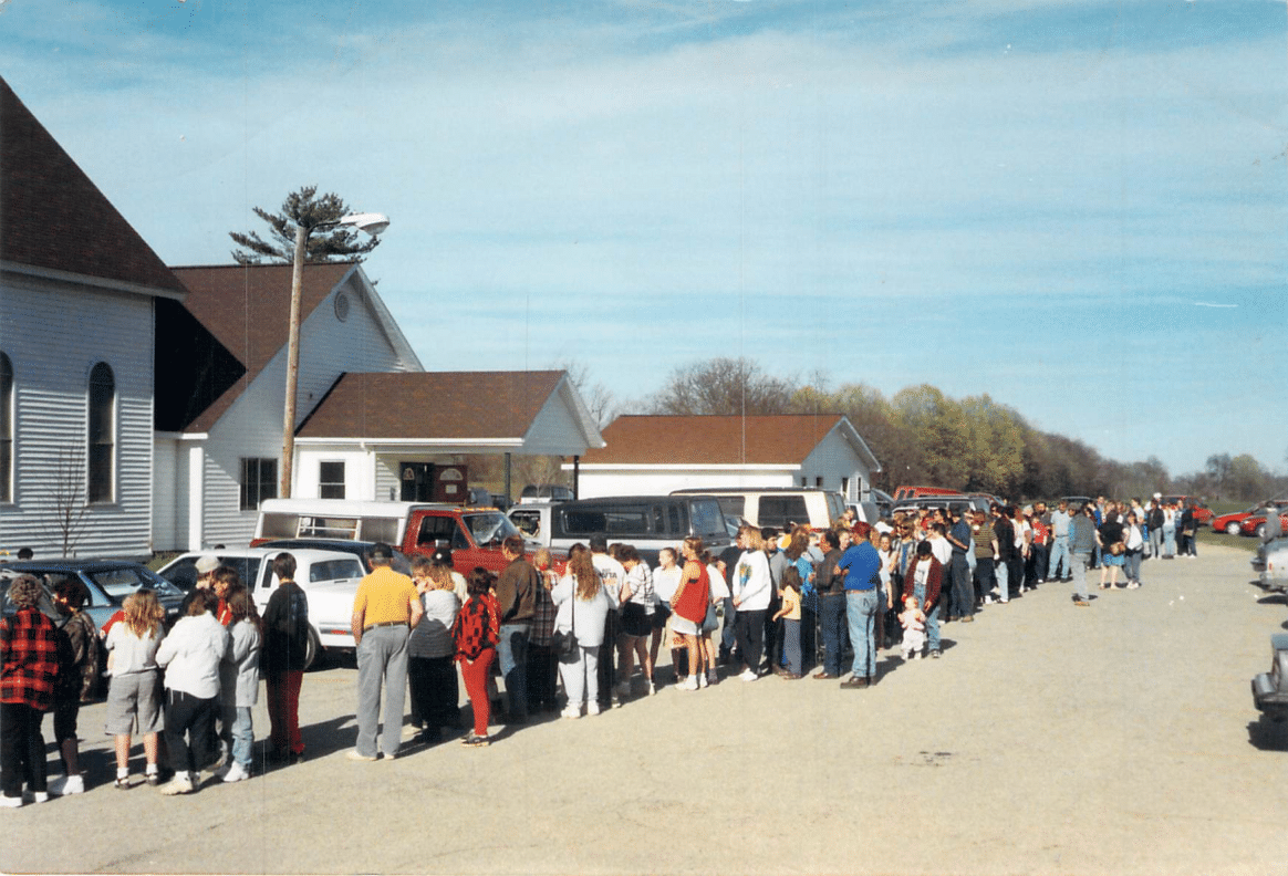 View of the line at the first mobile food pantry distribution in 1998.