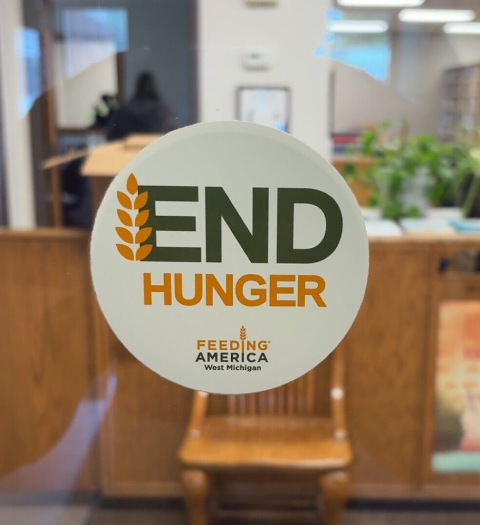 End Hunger sticker outside of Marion Public Library main door.
