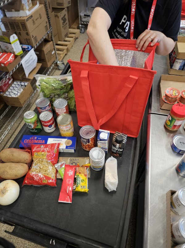 Insulated red bag with numerous food items like potatoes and canned food sitting around it. 