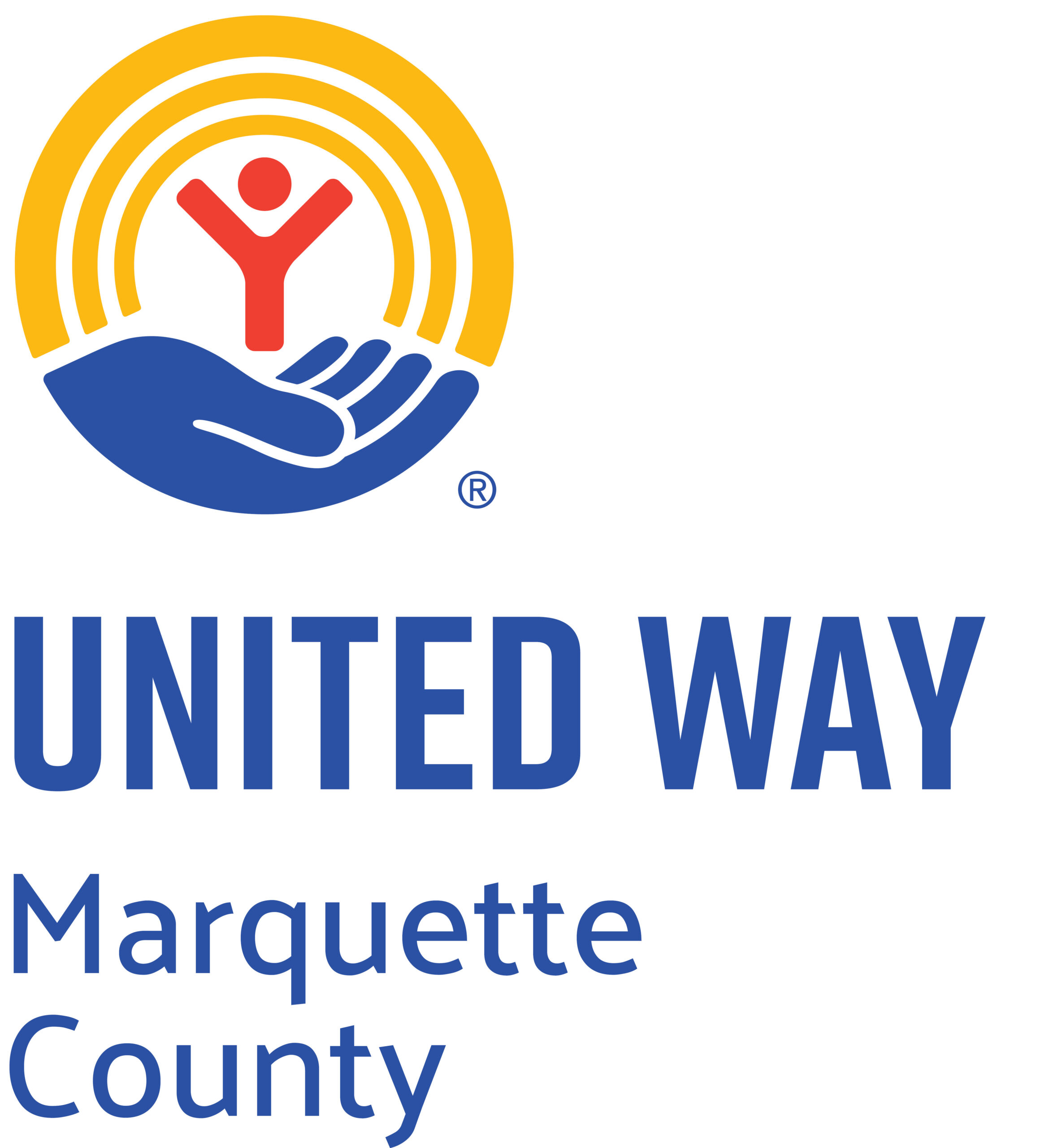 United Way of Marquette County logo showing a dark blue hand forming a circle with orange yellow lines. Inside the circle is a red Y with a circle above it.