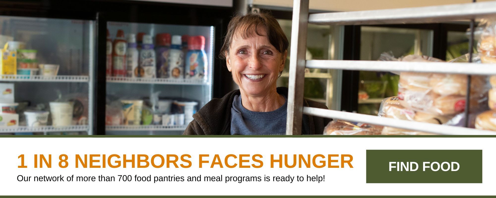 1 em cada 8 vizinhos enfrenta fome. Nossa rede de mais de 700 despensas de alimentos e programas de refeições está pronta para ajudar! Procurar comida